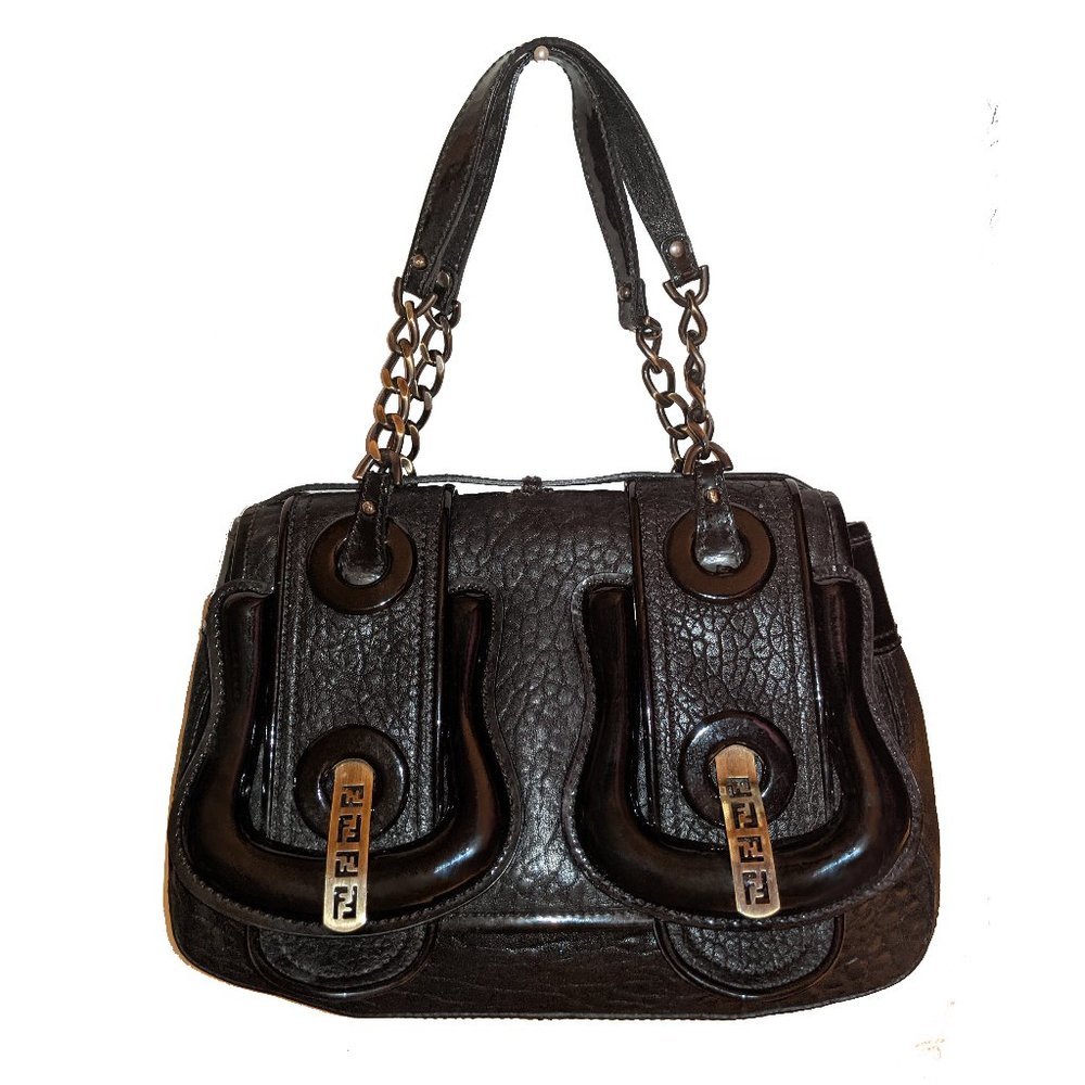 FENDI B BAG. MADE OF BLACK REAL LEATHER WITH PATENT LEATHER BUCKLES